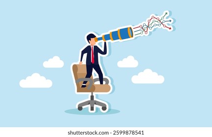 A businessman observes a line chart from above an office chair, illustration of business evaluation and analysis related to competitor staff aiming for his position and title