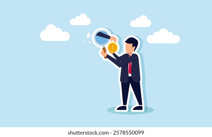 A businessman observes a lit lamp with a magnifying glass, but a hand emerges from the glass trying to take a dollar coin, illustration of sabotage in analyzing financial performance