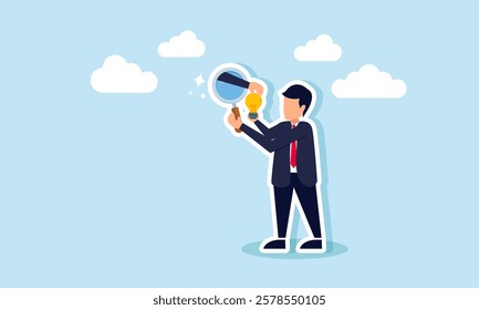 A businessman observes a lit lamp with a magnifying glass, but a hand emerges from the glass trying to take the lamp, illustration of sabotage in analyzing business ideas