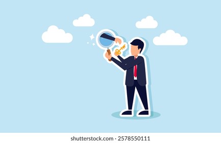 A businessman observes a lit lamp with a magnifying glass, but a hand emerges from the glass trying to take a key, illustration of sabotage in analyzing and finding business solutions