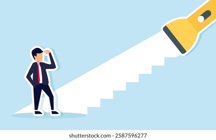 A businessman observes stairs formed by flashlight light, illustration of observing and analyzing a company business master plan design