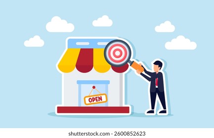 A businessman observes a store using a magnifying glass labeled with a target board, illustration of evaluating and analyzing marketplace business targets