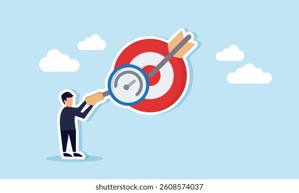 Businessman observes a target board using a magnifying glass labeled with a speedometer, illustration of performance evaluation and business target analisa
