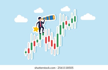 A businessman observes through a telescope atop a stock chart holding a star, illustration of monitoring and analyzing business performance to ensure quality improvement