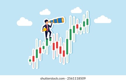 A businessman observes through a telescope atop a stock chart holding a lamp, illustration of monitoring and analyzing business performance based on applying ideas and innovations