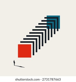 A businessman observes a transformation and development strategy in this minimal vector illustration. It uses a simple pattern to represent the change concept for a modern professional process.