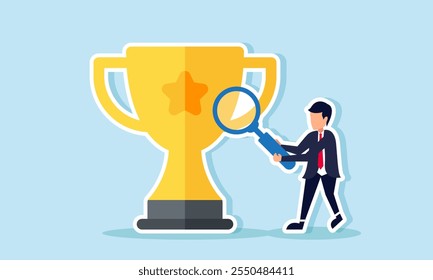 A businessman observes a trophy using a magnifying glass, illustration of analyzing strategies to become the best business