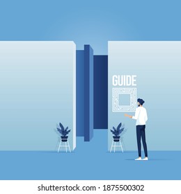 Businessman Observing the map to find the way out, Lost and confused in labyrinth