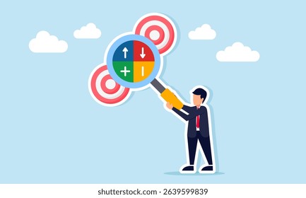 businessman observing several target boards with magnifying glass showing plus minus up arrow and down arrow illustration of risk analysis in achieving business targets