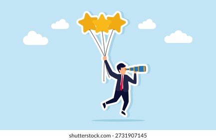 Empresario observando a través del telescopio mientras vuela con globos ilustración de monitoreo y análisis de la competencia para mantener la calidad y los estándares del negocio