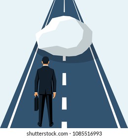 Businessman obstacle concept. Hurdle on way. Overcoming obstacle on road people. Achieving goal. Vector illustration flat design. Barrier on way to success. Businessman stands in front big stone.