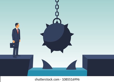 Businessman obstacle concept. Hurdle on way. Business risk. Overcoming obstacle on road with floating predatory sharks. Way to success. Vector illustration flat design. Barrier on way to success. 