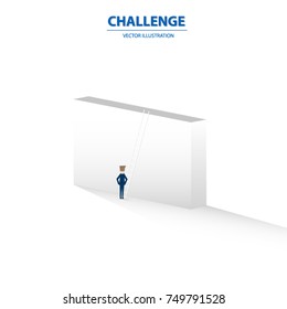A businessman with an obstacle like a big wall in front and time to make a decision. Business concept for leader, decision and challenging. Vector illustration.