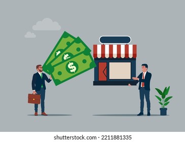 Businessman Offer Money To Buy Other Company Or Shop Building. Company Buyout, Acquisition Agreement, Takeover Or Merger, Franchise Business. Flat Vector Illustration.