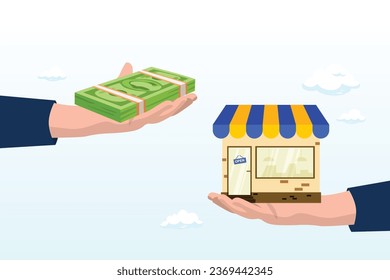 Businessman offer money to buy other hand offer company or shop building, company buyout, acquisition agreement or takeover, selling company offer or merger, franchise business (Vector)