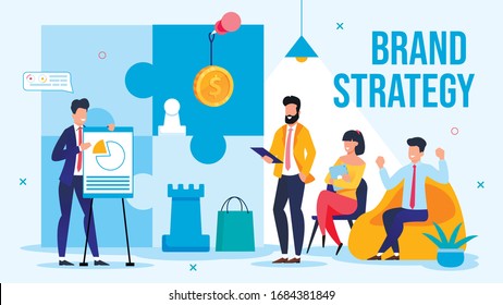 Businessman Offer New Brand Strategy on Briefing Meeting. Man Speaker Presenting Innovative Creative Plan for Branding Showing Project Benefits. Conference, Presentation. Vector Illustration