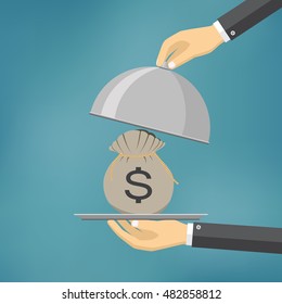 The businessman offering bag with money on the serve plate. The concept of funding a commercial project or investment in bank deposit. Flat design. Vector illustration