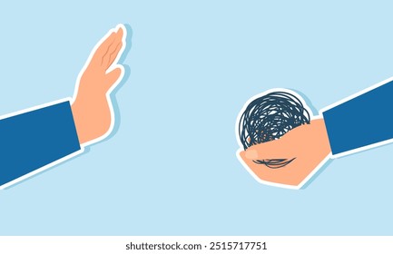 Un hombre de negocios que ofrece un elemento complejo a otra mano, pero es rechazado, ilustración de Rechazo de un proyecto o tarea compleja, confusa o poco clara