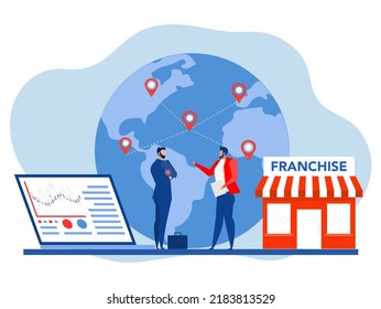 businessman offering Franchise, trading network shop to the world map business concept Vector flat illustration