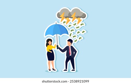 Um homem de negócios oferece um guarda-chuva a uma empresária para protegê-la de uma tempestade de dinheiro, ilustrando a proteção de um parceiro de negócios da tentação da corrupção