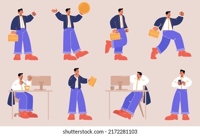 Businessman, office black skin worker poses set. Vector flat illustrations of employee character with briefcase and phone busy at workplace, run, gold coin and thinking isolated on background