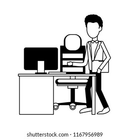 Businessman at office in black and white