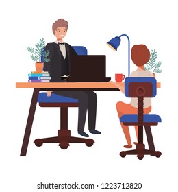 businessman in the office with boy avatar character