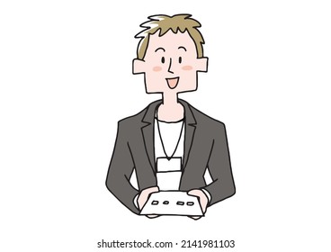 Businessman (office casual) comical handwritten person handing a business card seen from the front Vector,
