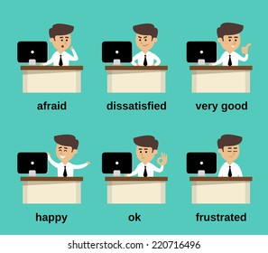 Businessman at office desk cartoon character emotions set isolated vector illustration