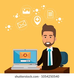 businessman in the office with e-mail marketing icons