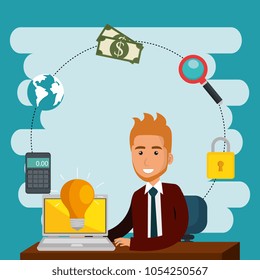 businessman in the office with e-mail marketing icons