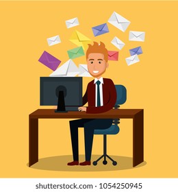 businessman in the office with e-mail marketing icons