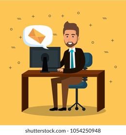 businessman in the office with e-mail marketing icons