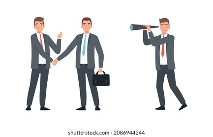 Businessman or Office Employee Wearing Suit and Tie Watching Spyglass and Shaking Hand Vector Set