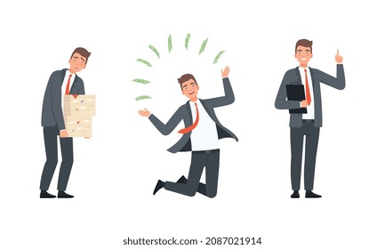 Businessman or Office Employee Wearing Suit and Red Tie Carrying Pile of Document and Jumping with Joy Vector Set