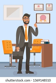 Businessman in Office Flat Vector Illustration. Successful Male Like Gesture. Manager, Lawyer, Banker Cartoon Character. Working Place Interior. Professional Awards, Certificates in Frames on Wall
