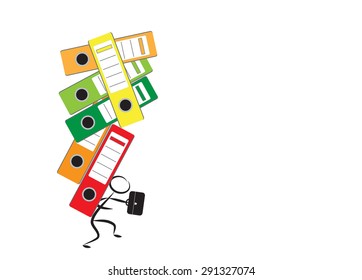 Businessman and office folders as concept for office burnout, vector illustration