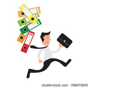 Businessman and office folders as concept for office burnout, vector illustration