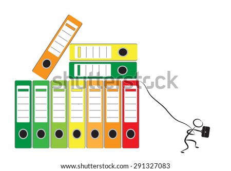 Businessman and office folders as concept for office burnout, vector illustration