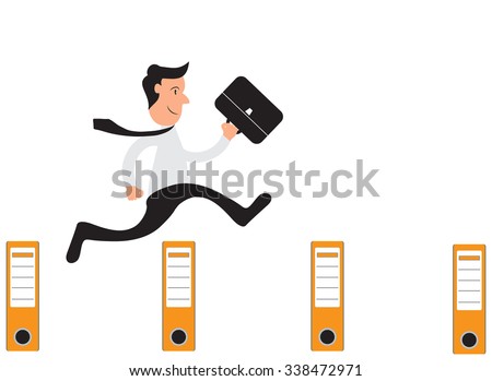 Businessman and office folders as hurdles, concept for working hard, vector illustration