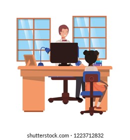 businessman in the office with girl avatar character
