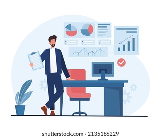 Businessman in office. Guy on background of graphs and diagrams. Analytical department, entrepreneur with report of subordinates plans development of organization. Cartoon flat vector illustration