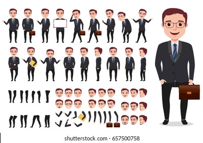 Kit de criação de personagem vetorial masculino de negócios ou escritório. Conjunto de personagens prontos para usar e criar o seu próprio com poses e gestos isolados em branco.