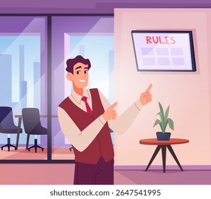 Businessman in office. manager pointing to office rules at wall