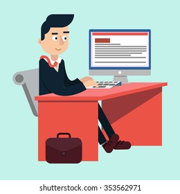 Businessman at Office on the Work Table with Computer in flat style in vector