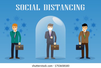 Businessman office people maintain social distancing. New normal at job working. covid-19 sign vector