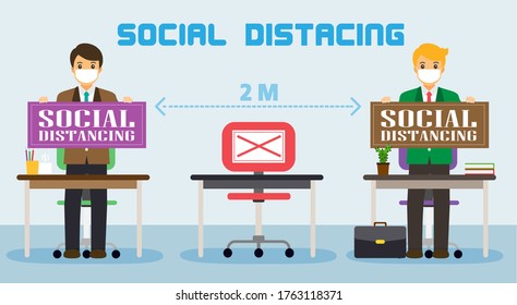 Businessman office people maintain social distancing. New normal at job working. covid-19 sign vector