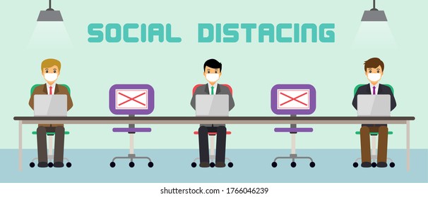 Businessman office people maintain social distancing. New normal at job working. covid-19 sign vector