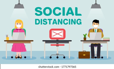 Businessman office people maintain social distancing. New normal at job working. covid-19 sign vector