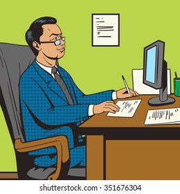 Businessman in office pop art retro style vector illustration. Comic book style imitation. Boss at the table